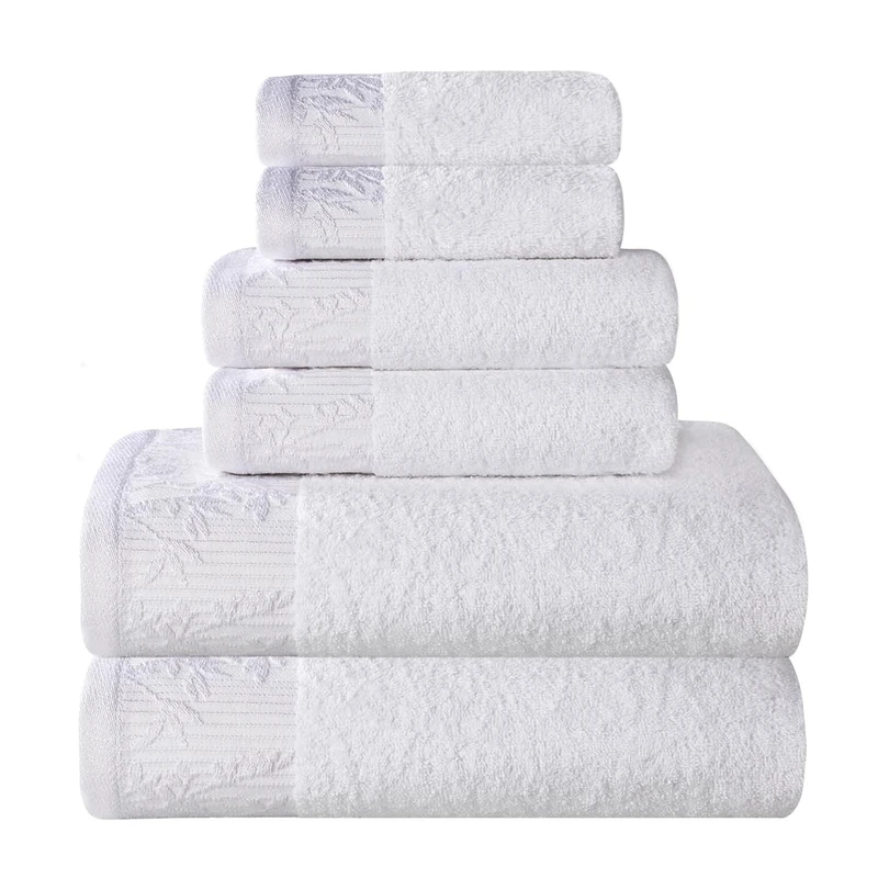 Superior 6 Piece Cotton Towel Set, Floral Jacquard Dobby Border, Quick Dry, Decorative Bathroom, Shower, Bath, Includes 2 Body, 2 Hand, 2 Face Towels/Washcloths, Wisteria Collection, White-White