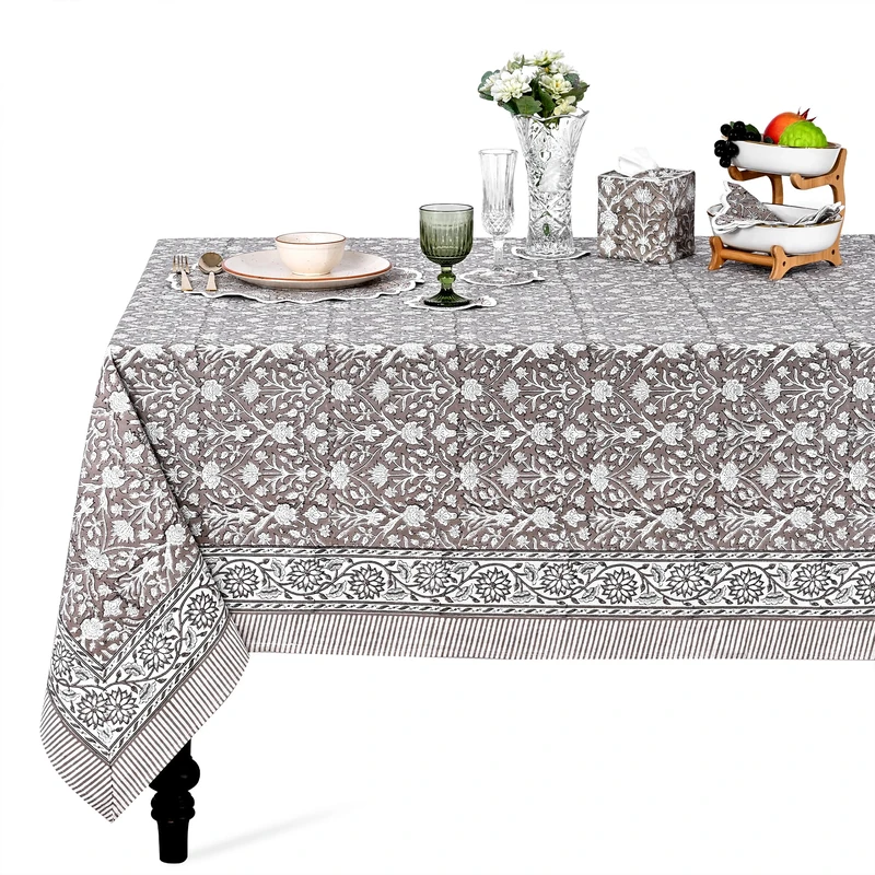 Ridhi Taupe Hand Block Print Cotton Rectangle Tablecloth 190" x 72" inches Reusable Table Cover Decorative Everyday Use for Dining Room, Farmhouse, Home Gift for Spring, Mother's Day