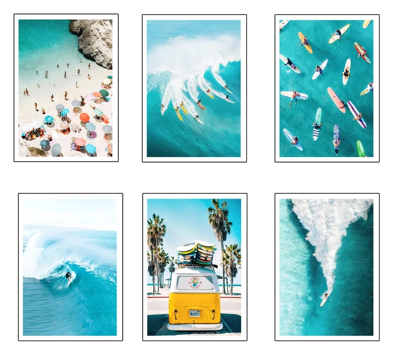 DKORARTE Set of 6 Wooden Base Paintings, Living Room Decoration, Modern, Bedrooms, Room, Landscape, Beach, Nature, Fugoneta with Metal Hangers, (38 x 29 cm each picture)