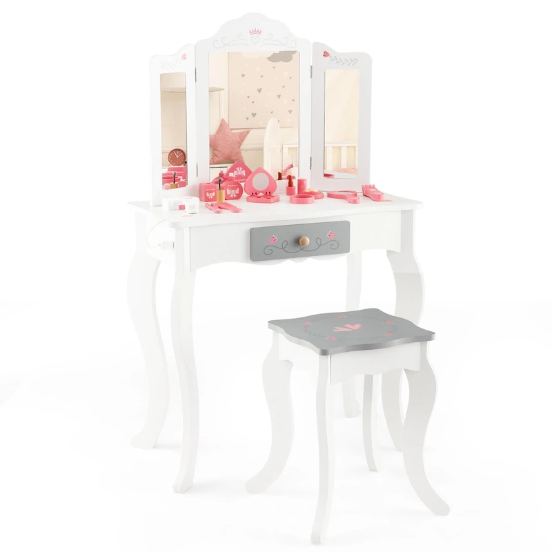 GYMAX Kids Vanity Table Set, Wooden Girls Dressing Table with Stool, Tri-folding Mirror & Drawer, 2 in 1 Children Makeup Dresser for Bedroom (White+Grey with 10 Pcs Makeup Toys, 60 x 33 x 99cm) - Image 1