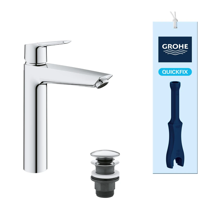 GROHE Start Tall Basin Tap for Free-Standing Basins with Push-Open Waste Set (XL-Size, 28mm Ceramic Cartridge, Energy & Water Saving, Tails 3/8 Inch, Easy to Fit with QuickTool), Chrome, 24165003
