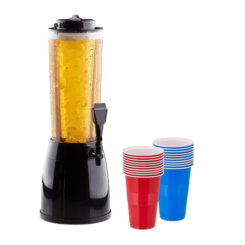 Relaxdays Beer Tower, 2.5 l, 20 Cups, Drinking Column with Cooling & Tap, Plastic, Party Beverage Dispenser, Colourful