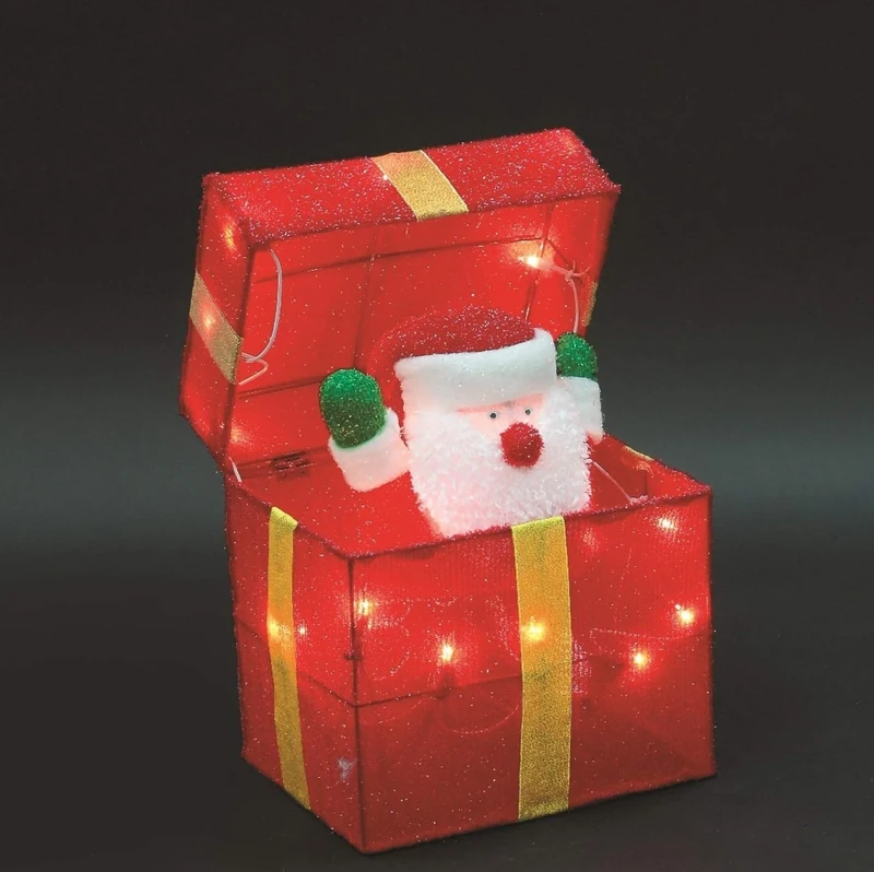 SHATCHI Animated Christmas Pup-up Lighted LED Gift Box-Santa Present Parcel Novelty Xmas Holiday Party Decorations for Fireplace Windowsill Bedroom Shelf Living Room Home Office, Metal, Red, 30cm