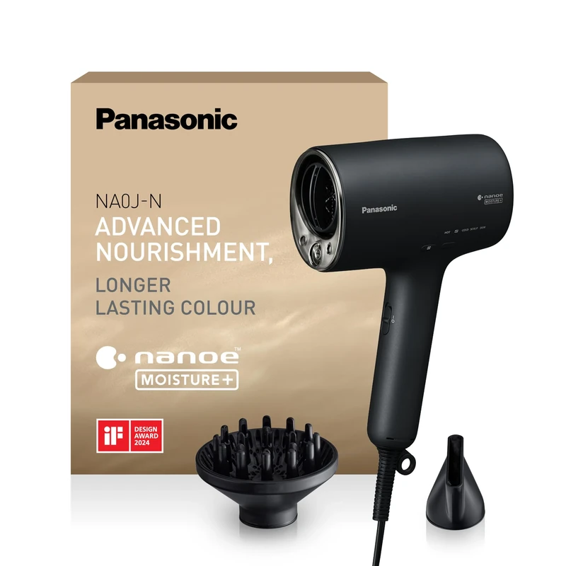 Panasonic EH-NA0J-N895 Hairdryer with Diffuser, Nanoe Moisture+ and Mineral Technology, Intelligent Heat Sensing, Styling Nozzle, Hot & Cold Alternating Mode, Black & Champagne Gold
