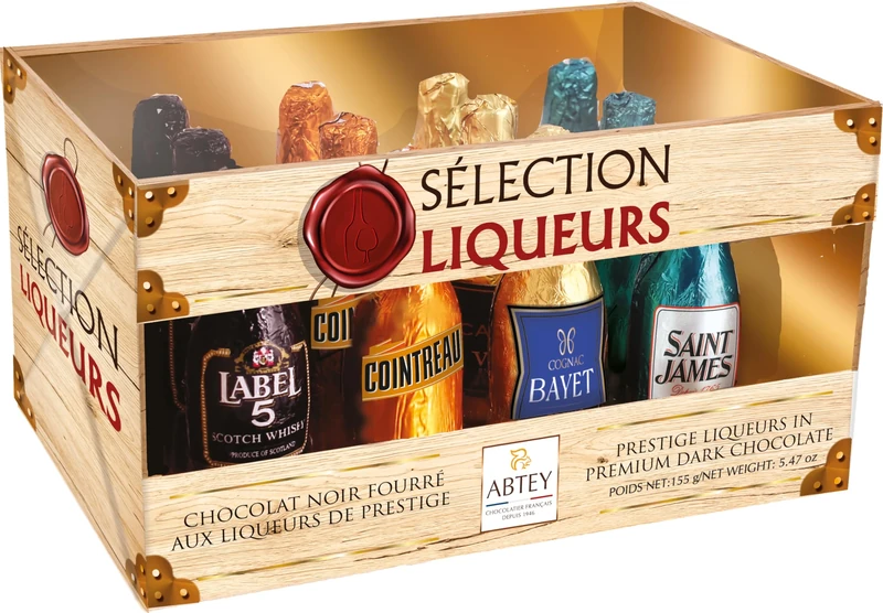 ABTEY Casier Selection Chocolate Liqueurs 155g - Label 5® Whiskey, Cointreau®, St James® Rum & Bayet Cognac - 12 Assorted Chocolate Liqueurs Bottles in a Crate
