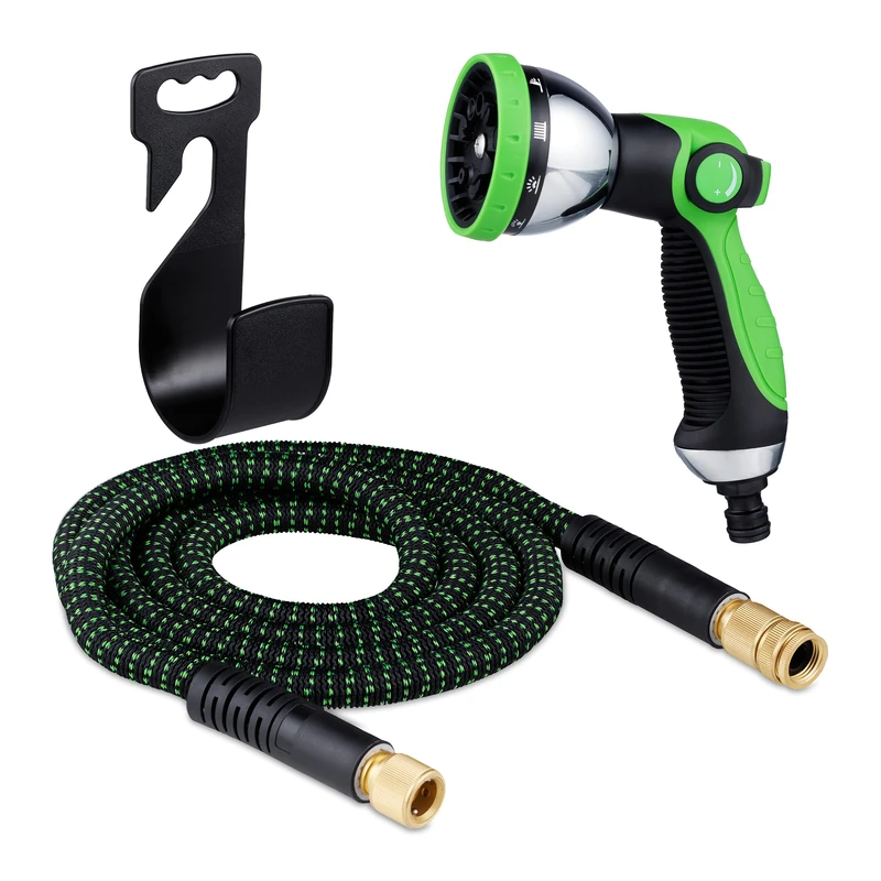 Relaxdays Garden Hose, Spray Nozzle Attachment, 10 Modes, Extendable up to 7.5 m Length, Ready to Connect, Green/Black, Latex, 6.5 x 750 x 11.5 cm