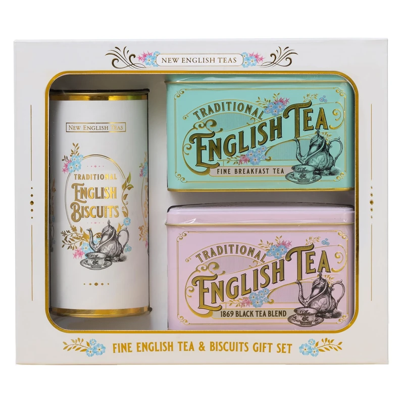 New English Teas Vintage Victorian Tea & Biscuits Gift Set with 80 Fine English Teabags, 2 Tea Caddies and Luxury Cornish Biscuits