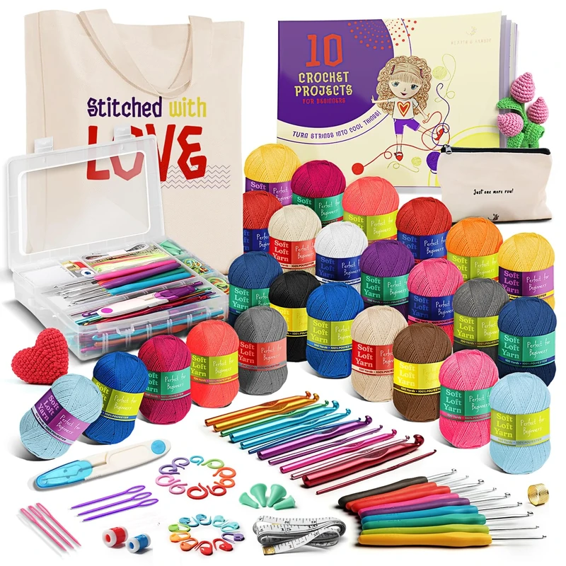 Hearth & Harbor Learn to Crochet Kit for Beginner Adults – Crochet Kit for Adults and Kids, 80 Piece Crochet Set with Step-by-Step Guide and Projects Book, Crochet Starter Kit, Crochet Yarn, and Hooks