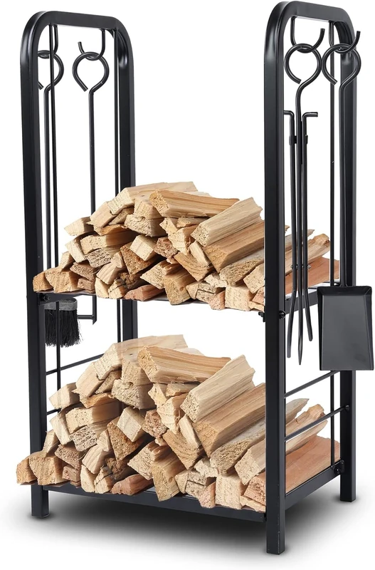 SereneLife Firewood Storage Rack - Heavy Duty Wood Stackers Organizer, 220 lbs weight Log Capacity, Stack up your Logs and Keeps it Dry, Suitable for any Seasons, Perfect for Indoor and Outdoors
