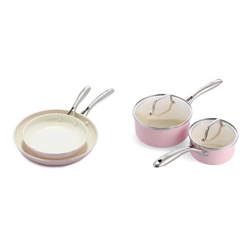 GreenLife Artizan Set de Sartenes y Cazos de Cerámica Antiadherente, Incluye Sartenes de 20cm y 26cm y Cazos de 14cm/1L y 18cm/2L con Tapas de Cristal, Sin PFAS, Inducción, Lavavajillas y Horno, Rosa