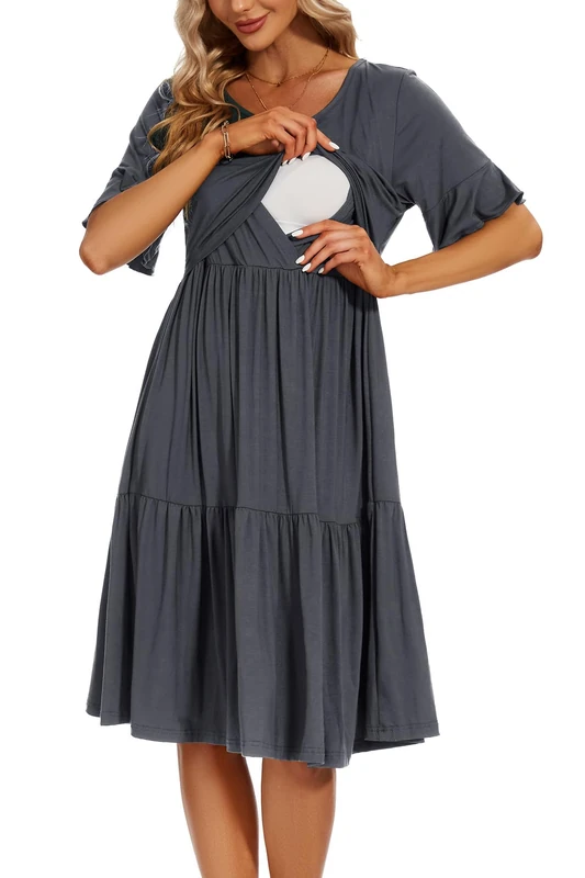 Smallshow Women's Maternity Nursing Dress Ruffle Short Sleeve Breastfeeding Clothes, Dark Grey, M