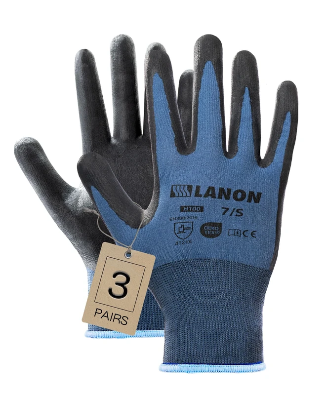 LANON 3-Pair Nitrile Safety Gloves - Breathable, Anti-Slip Grip L/9