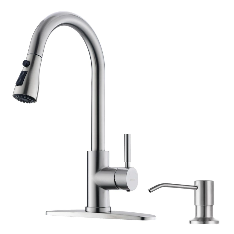 WEWE Kitchen Sink Faucet with Soap Dispenser, Kitchen Faucet with Pull Out Spout, 3 Water Jet Types, Stainless Steel, Single Lever Mixer, 1 Hole Sink, Pull Out Brushed Nickel Faucet