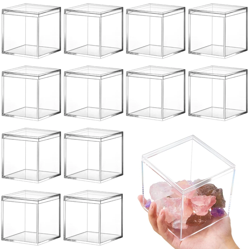 12 Pieces Clear Acrylic Plastic Square Cube Small Acrylic Box with Lid Decorative Storage Boxes Jewelry Display Box Mini Clear Container for Home Candy Pill and Tiny Jewelry (4.7 x 4.7 x 4.7 Inch)