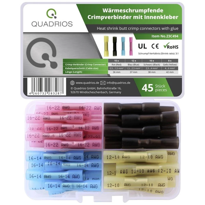 Quadrios 23C494 Butt Connector 0.5 mm² 6 mm² Red, Blue, Black, Yellow Pack of 45
