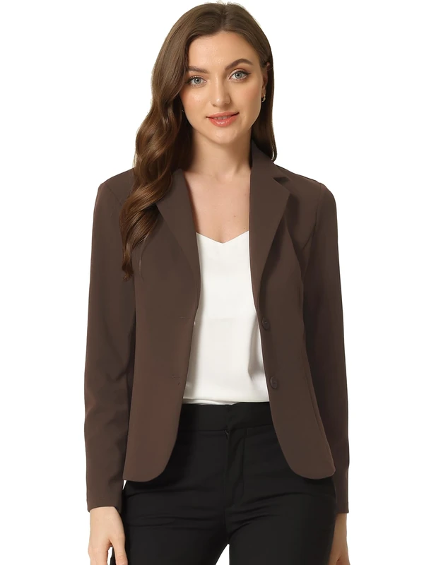 Allegra K Women's Work Office Blazer Stretch Lapel Collar Long Sleeve Jacket Suit Blazer, Coffee, M