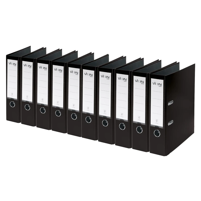 VON Leitz A4 Folder, Pack of 10, Cardboard with Plastic Cover, 80 mm Spine Width, for 600 Sheets, Blue Angel & FSC Certified, for School, Study & Home, Black, 10550095