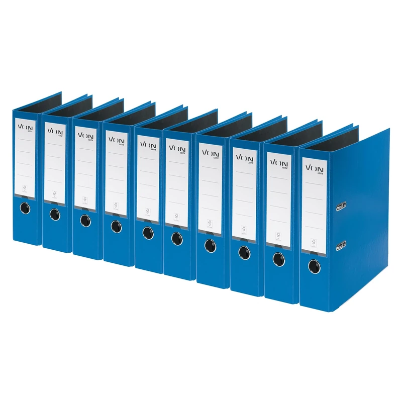 VON Leitz A4 Folder, Pack of 10, Cardboard with Plastic Cover, 80 mm Spine Width, for 600 Sheets, Blue Angel & FSC Certified, for School, Study & Home, Blue, 10550035