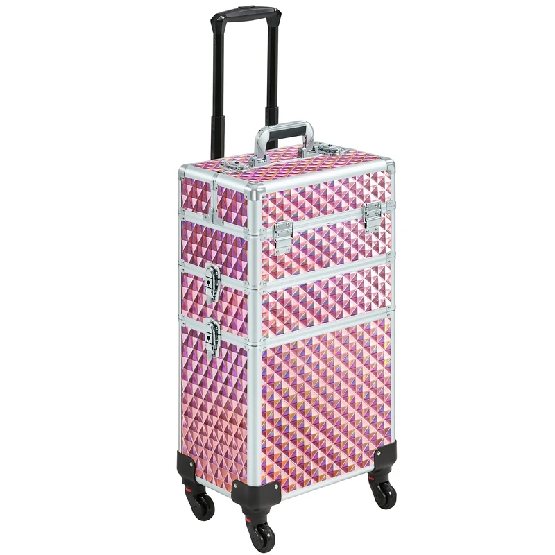 Yaheetech Rolling Makeup Train Case 3 in 1 Makeup Trolley Professional Cosmetic Case with Large Storage & 360° Wheels Hairdressing Beauty Case, Pink