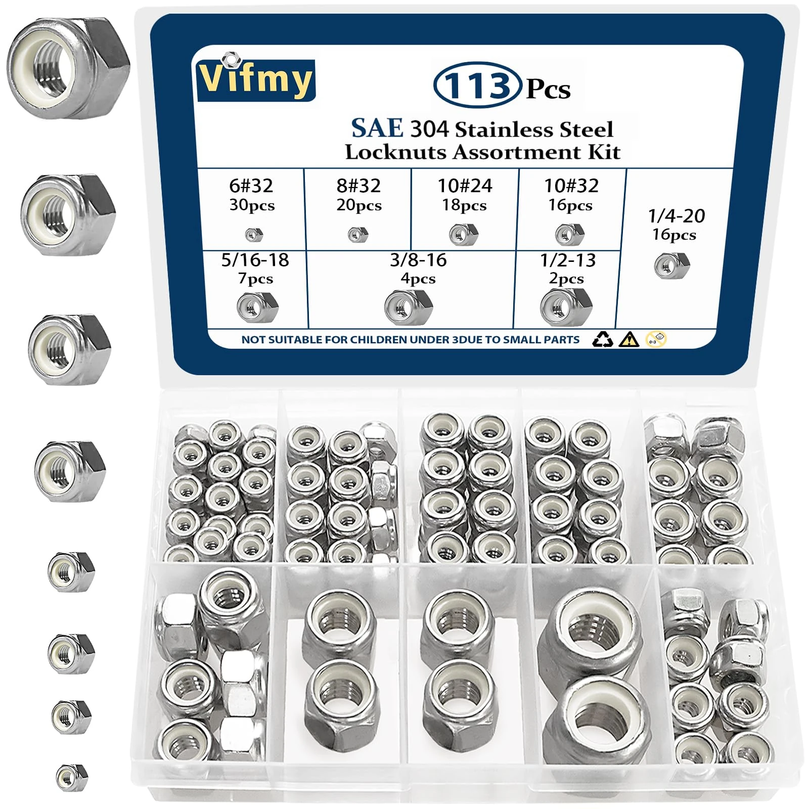 Vifmy 113PCS Locknuts Assortment Kit, 6#32 8#32 10#24 10#32 1/4-20 5/16-18 3/8-16 1/2-13 SAE Lock Nuts, 304 Stainless Steel Nylon Insert Hex Lock Nuts, Hex Drive