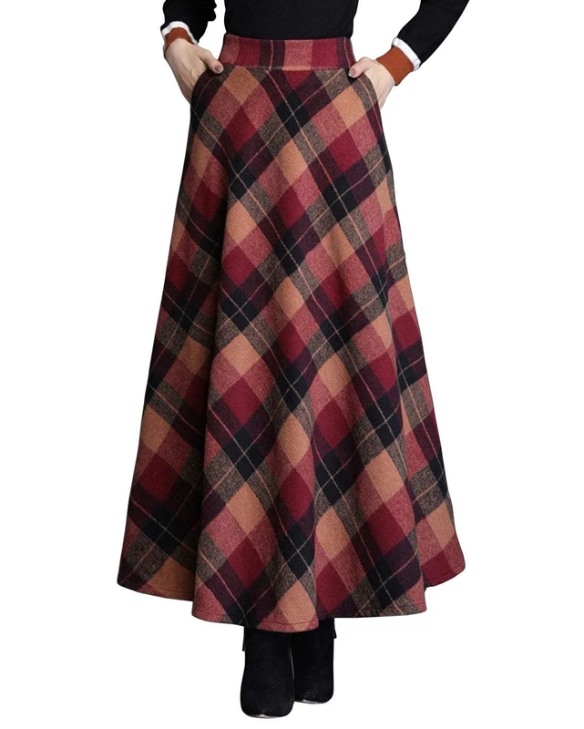 ebossy Women's Vintage High Waist Wool Blend Plaid A-Line Long Maxi Skirt with Pocket, Red, XXL