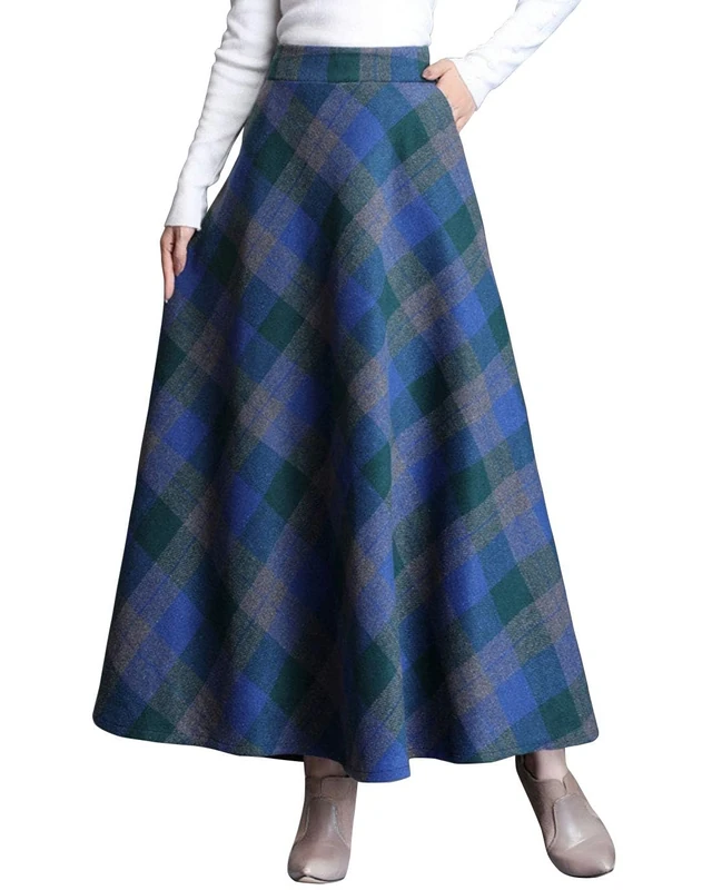 ebossy Women's Vintage High Waist Wool Blend Plaid A-Line Long Maxi Skirt with Pocket, Blue, XXL