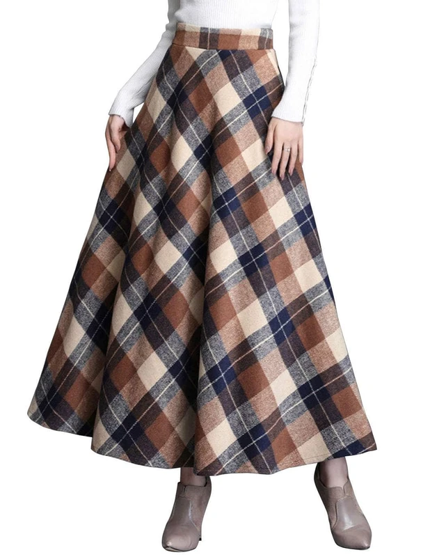 ebossy Women's Vintage High Waist Wool Blend Plaid A-Line Long Maxi Skirt with Pocket, Khaki, XL