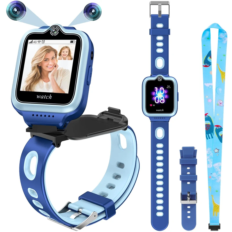 ele ELEOPTION 4G GPS Kids Smartwatch Phone Waterproof Smart Watch for Boys and Girls, 2 Way Call, Voice and Video Chat, Camera, SOS, Music Video Player, Alarm (T30, Blue)