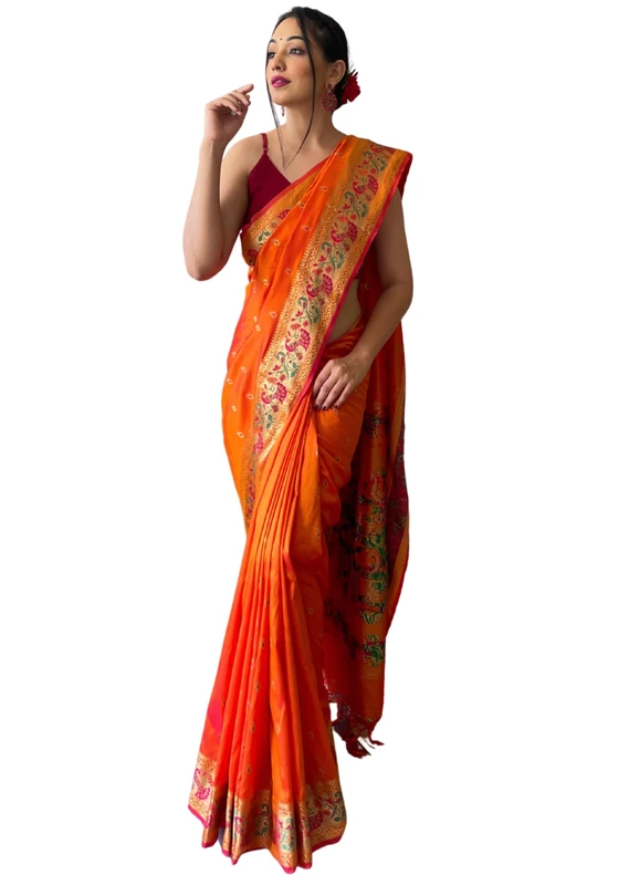 SGF11 Women's Kanjivaram Soft Silk Saree With Blouse Piece 6.3metres, Orange, One Size