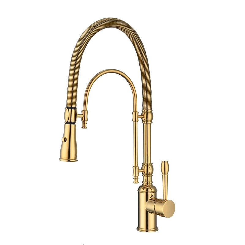 GICASA Copper Kitchen Tap, Single Handle, 360 Swivel High Arc Kitchen Sink Tap, Gold Pull Down Kitchen Faucet, Solid Brass Handle