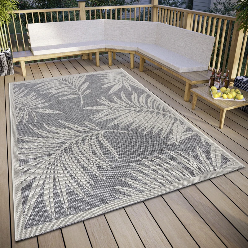 Hanse Home Paru Outdoor Rug Weatherproof - Modern Palm Tree Pattern Floral Design, Waterproof Robust Outdoor Rug Flat Weave for Garden, Balcony, Patio, Living Room - Grey Cream, 155 x 235 cm