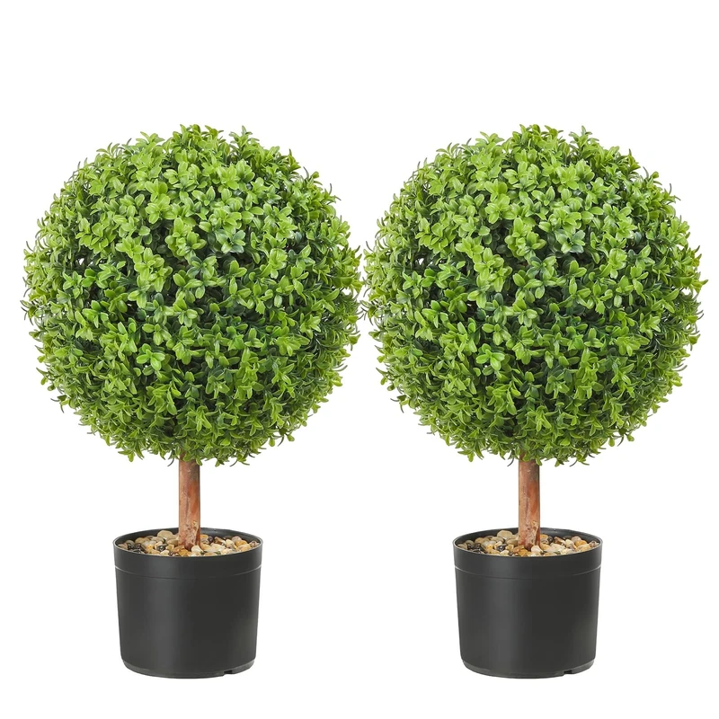 VEVOR Artificial Topiaries Boxwood Trees, 24 inch Tall (2 Pieces), Ball-Shape Faux Topiaries Plant with Planters, Green Feaux Plant w/Replaceable Leaves & Port for Decorative Indoor/Outdoor/Garden