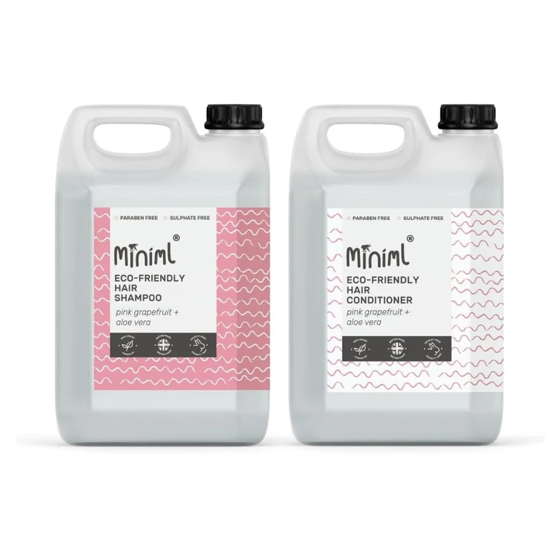 Miniml Natural Eco Hair Shampoo & Conditioner 5L Refill Bundle Pink Grapefruit & Aloe Vera Scent Sensitive Skin Scalp Friendly For Men Women Greasy Curly Dry Dandruff Hair Cruelty Free Vegan Formula