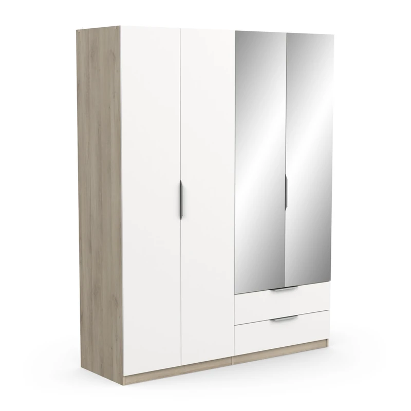 Demeyere Armadietto Guardaroba con specchi e Armadio Moderno a 4 Ante e 5 Ripiani 2 cassetti – Colore Rovere Kronberg & Bianco Opaco – 157,3 x 51,1 x 203 cm, Legno ingegnerizzato