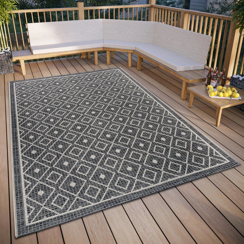 Hanse Home Lahal Outdoor Rug Weatherproof - Modern Geometric Diamond Pattern, Waterproof Robust Outdoor Rug Flat Weave for Garden, Balcony, Patio, Living Room - Grey Beige, 155 x 235 cm