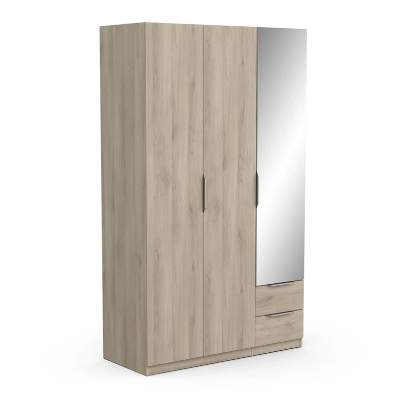 Demeyere 391391 Armadietto Guardaroba con Specchio e Armadio Moderno a 3 Ante 2 cassetti 4 nicchie – Colore Rovere Kronberg – 119,4 x 51,1 x 203 cm, Legno ingegnerizzato, Grigio