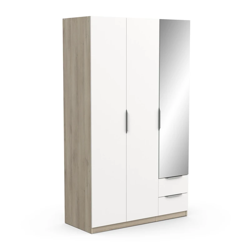 Demeyere 391383 Guardaroba Moderno con Specchio e Armadio a 3 Ante 2 cassetti 4 nicchie – Colore Rovere Kronberg & Bianco Opaco – 119,4 x 51,1 x 203 cm, Legno ingegnerizzato, Grigio