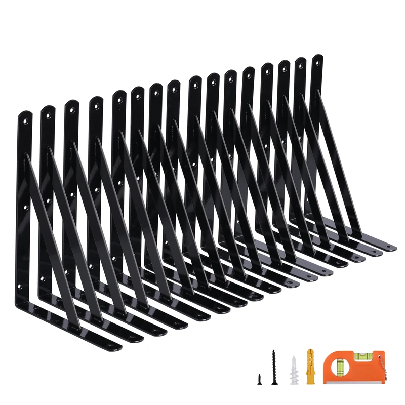 NEODROP 16-Pack 12 Inch Heavy Duty Shelf Brackets, Large Wall Bracket for Garage Kitchen Floating Shelves, Black Powder-Coated Steel