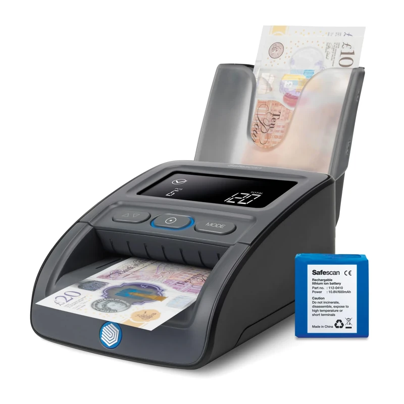 Safescan 155-SX 2023 Version - Automatic Counterfeit Detector That verifies banknotes in Four Directions with 100% Accuracy - Including Battery & RS-100 - Removable Stacker
