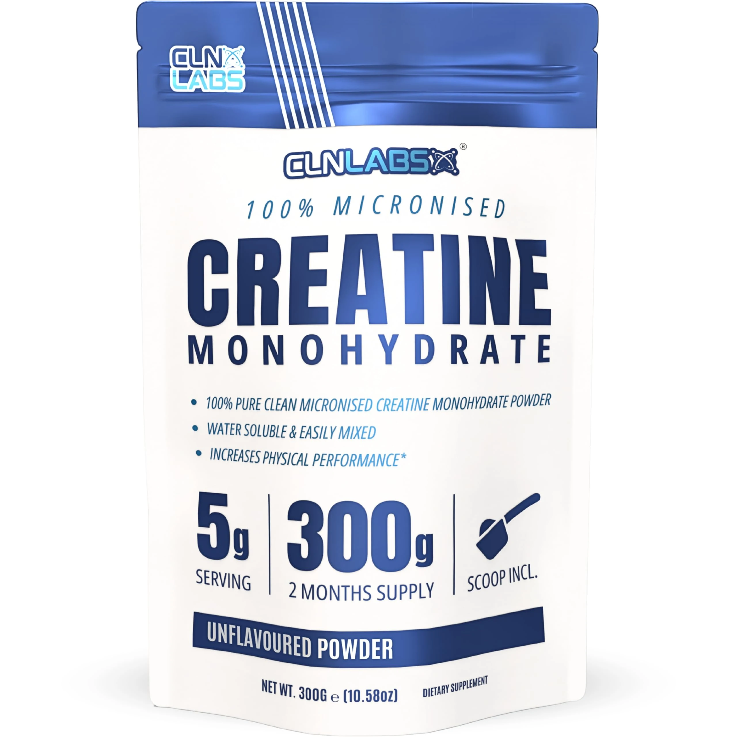 Creatine Monohydrate Powder - 300g (60 x 5g Servings) | 200 Mesh Fine Grade Powder, Pure & Mixes Easily | Includes Scoop | Unflavoured | Made in The UK by CLN Labs