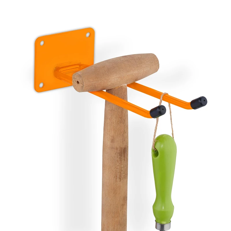 Relaxdays Appliance Holder, Garden Tools, Garage, Wall Mounted, Double, Long Hooks, Basement, 24cm Length, Steel, Orange