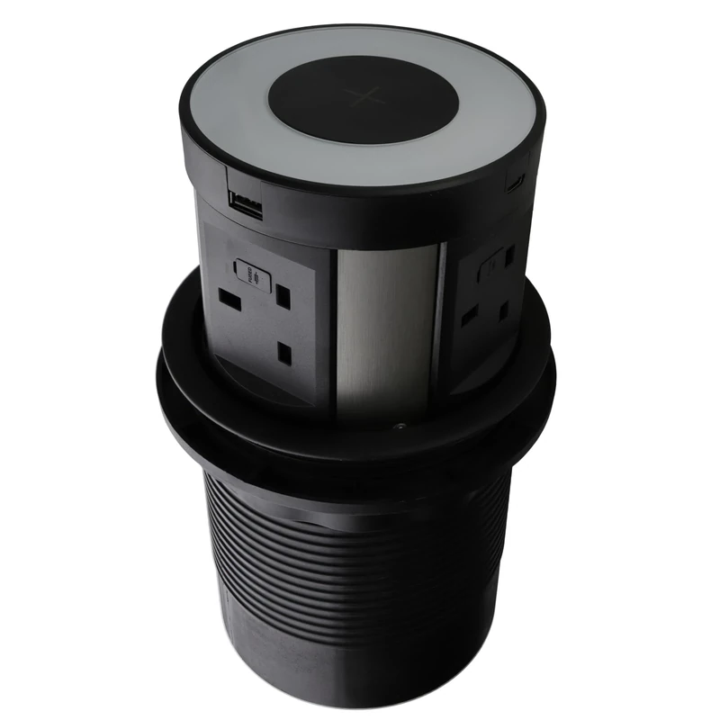 Desk Power Pop-Up 4 Fused UK Sockets 2x USB-A 2x USB-C Qi Wireless Charger Black
