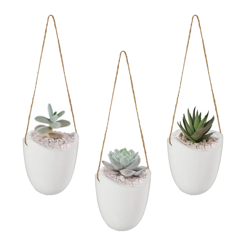 Relaxdays Wall Vase Set of 3, Hanging Pot Inside, Cord for Suspension, for Plants & Flowers, Ceramic, 36x11x9.5cm, White - Image 1