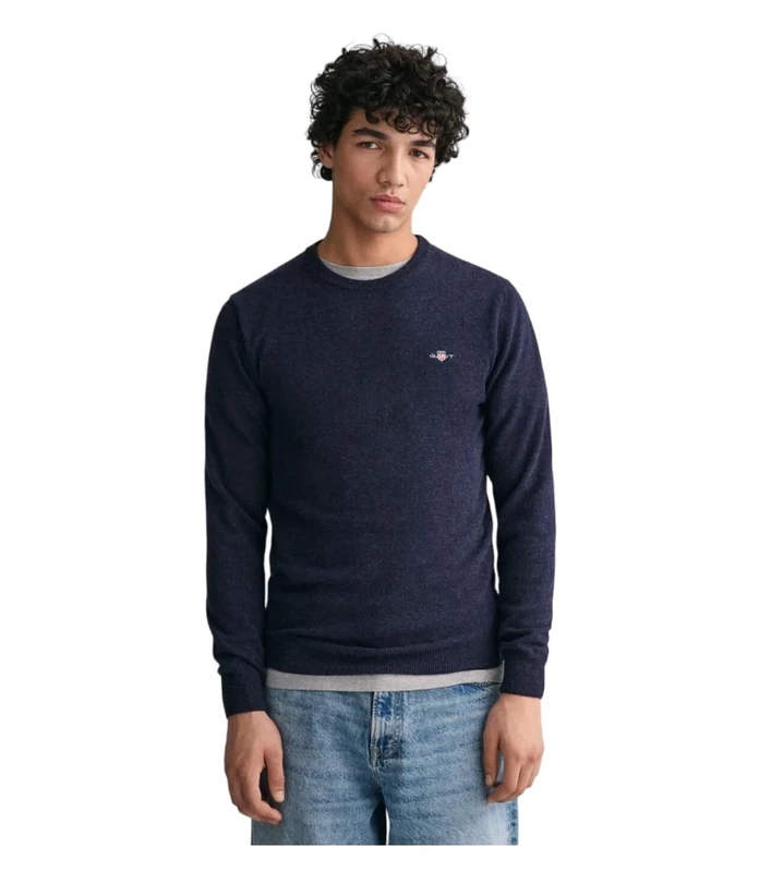 GANT Men's Superfine Lambswool C-Neck Pullover Sweater, Dark Navy Melange,