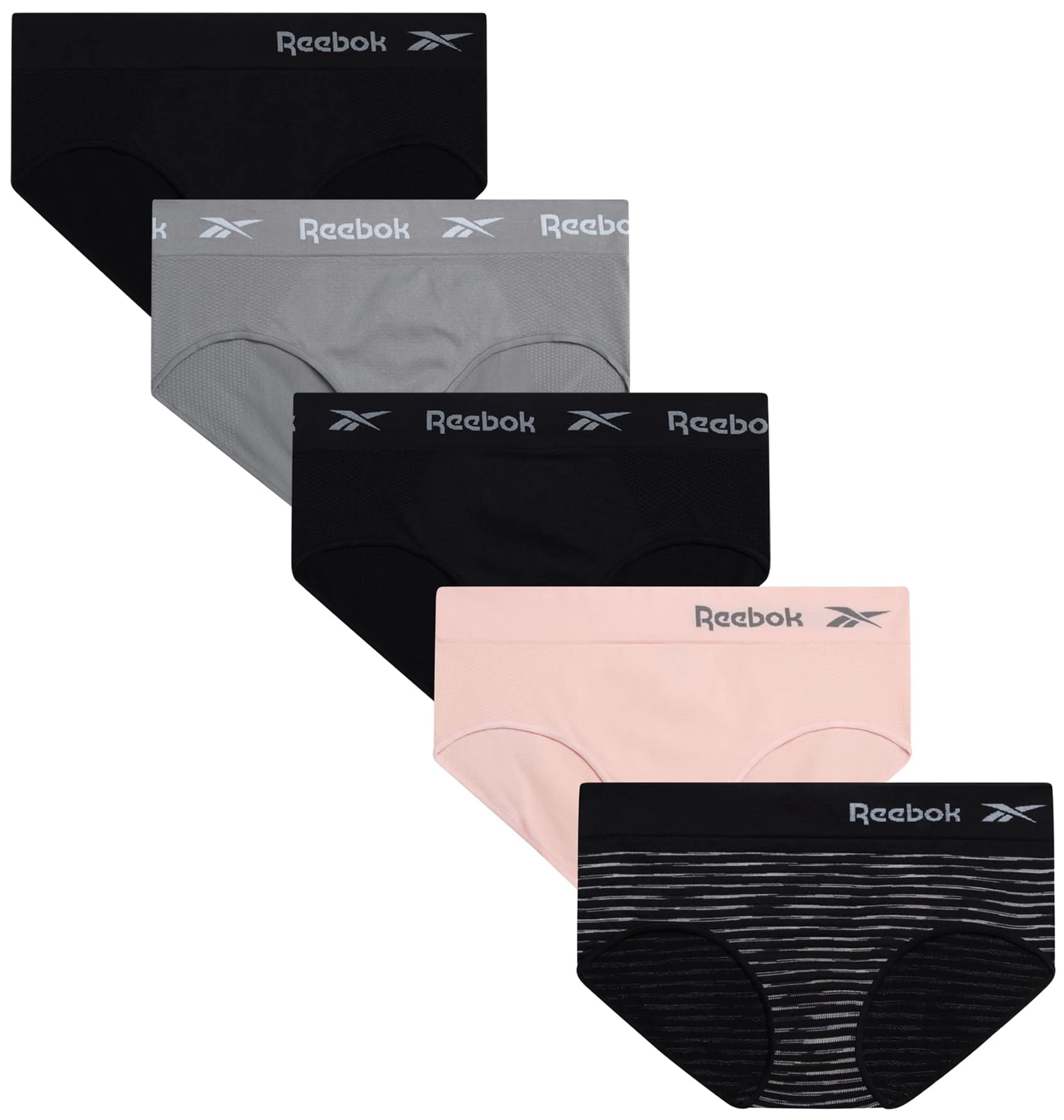 Reebok Hipster Panties for Women - 5 Pack Stretch Performance Seamless Underwear with Relaxed Tag-Free Waistband (S-XL), Black Spacedye/Lotus/Greystone/Black/Black, S