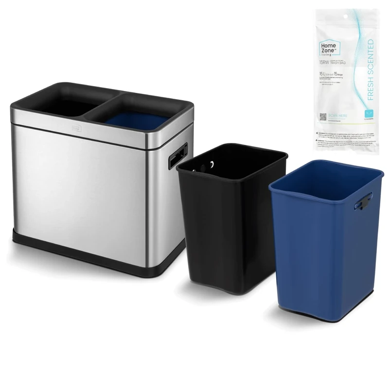 Home Zone Living 8 Gallon Kitchen Trash Can, Open Top, Dual Removable Liners for Recycling and Trash, Stainless Steel, Slim Shape (4 + 4 for 8 Gallons Total)