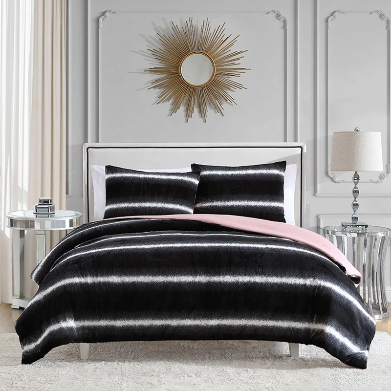 Juicy Couture Queen Comforter and Sham Set, Faux Fur Ombre Stripe 3-Piece Queen Bedding Set - Black/White - 90"x90" Comforter + (2) 20"x26" Shams