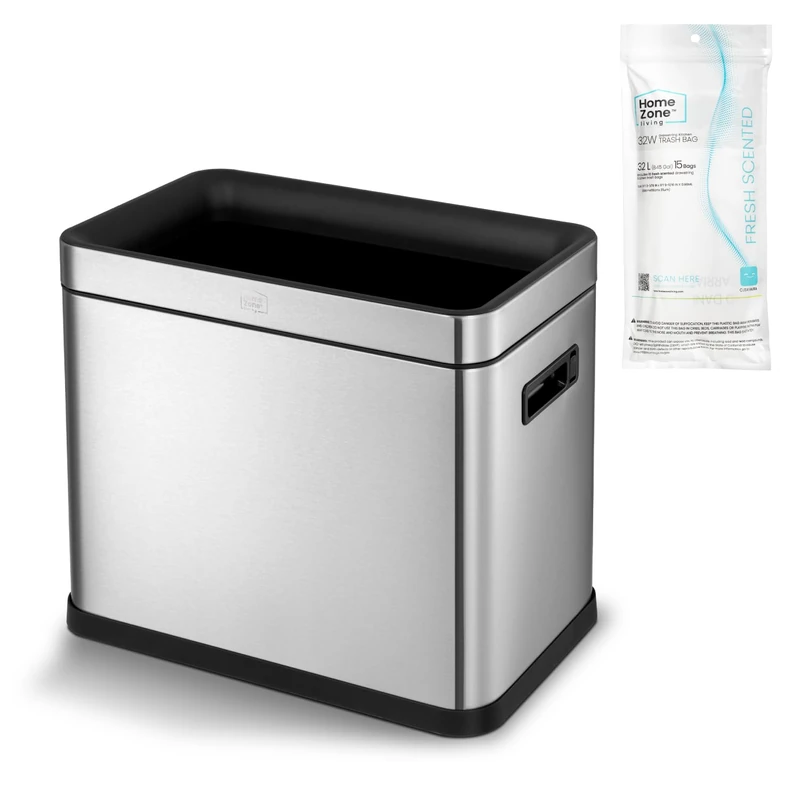 Home Zone Living 8.7 Gallon Kitchen Trash Can with Open Top, Stainless Steel, Slim Shape