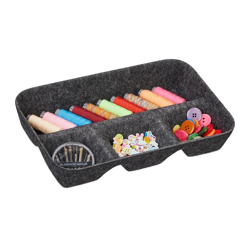 Relaxdays Drawer Organiser, Versatile Insert, HWD: 5.5 x 29.5 x 19 cm, 4 Compartments, Felt Tray, Utensils Storage, Grey