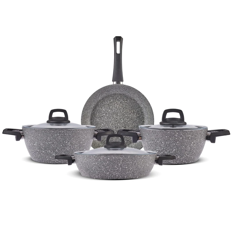 Karaca Gris Biogranite 7-Piece Pots and Pans Sets Non Stick, Induction Cookware Set with Lids, Durable, Scratch-Resistant, PFOA-Free, Dishwasher Safe Cooking Pots, Casserole & Fry Pan, Grey